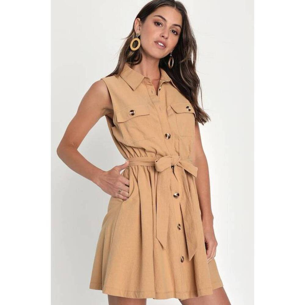 Lulus Charming Classic Tan Collared Button-up Mini Dress With Pockets Brown